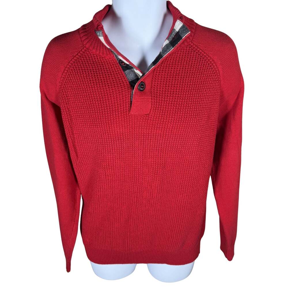 Weatherproof Vintage Men's Red Quarter-Button Plaid Trim Knit Sweater